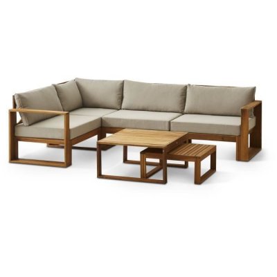 Salon de jardin en bois d'Acacia FSC avec coussins gris - 5 personnes