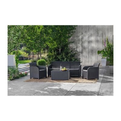 ALLIBERT BY KETER Salon de jardin en r&eacute;sine imitation rotin tress&eacute; 5 personnes SanRemo - Gris graphite