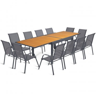 IDMARKET Salon de jardin extensible poly gris fonc&eacute; et bois table 135-270 cm et 12 chaises