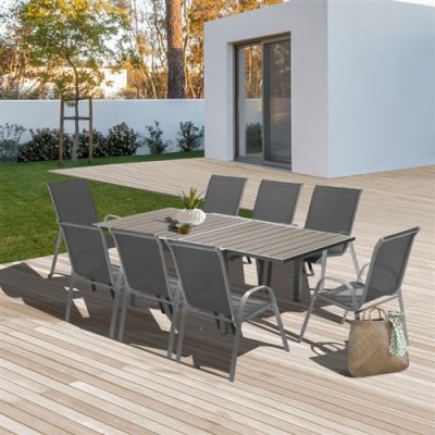IDMARKET Salon de jardin extensible poly gris fonc&eacute; table 90-180 cm et 8 chaises