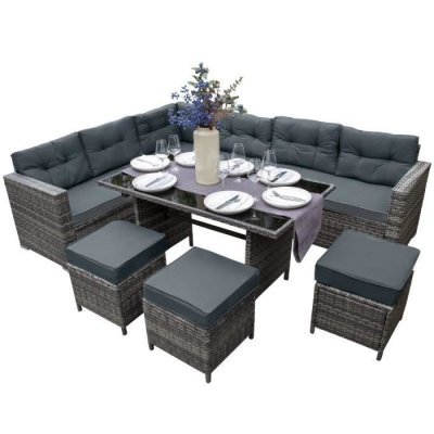 MONSTERSHOP Salon de Jardin Gris en Rotin pour 9 Personnes Ensemble Table & Si&egrave;ges
