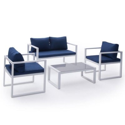 HAPPY GARDEN Salon de jardin ibiza en tissu bleu 4 places - aluminium blanc - Bleu