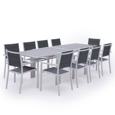 HAPPY GARDEN Salon de jardin LAMPEDUSA extensible en textil&egrave;ne gris 10 places - aluminium blanc