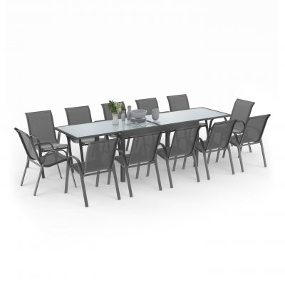 IDMARKET Salon de jardin MADRID table extensible 135-270 CM et 12 chaises empilables gris anthracite