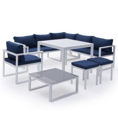 HAPPY GARDEN Salon de jardin modulable IBIZA en tissu bleu 7 places - aluminium blanc