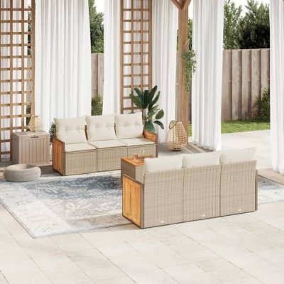 VIDAXL Salon de jardin modulable  resine tressee beige 7 pieces x 59 x 69 6 personnes 