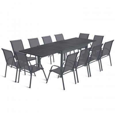 IDMARKET Salon de jardin POLY extensible table 135-270 CM et 12 chaises gris fonc&eacute;