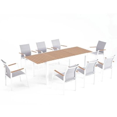 CONCEPT USINE Salon de jardin repas aluminium blanc et bois 8 places