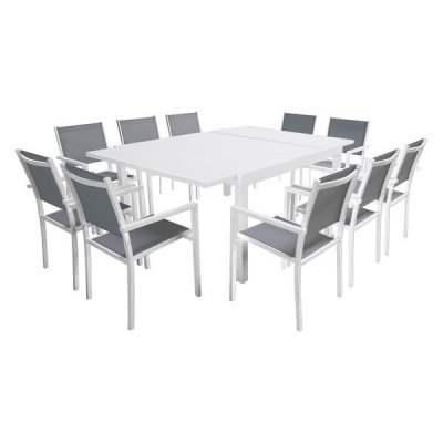 HAPPY GARDEN Salon de jardin table 140/200cm en aluminium blanc et gris