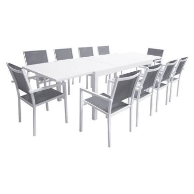 HAPPY GARDEN Salon de jardin table 180/300cm en aluminium blanc et gris