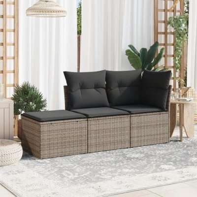  Salon de jardin vidaXL avec coussins, 3 pcs - Gris - R&eacute;sine tress&eacute;e