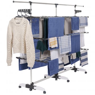 IDMARKET S&eacute;choir &agrave; linge 50m supra xxl gris/blanc 3 niveaux + barre t&eacute;lescopique