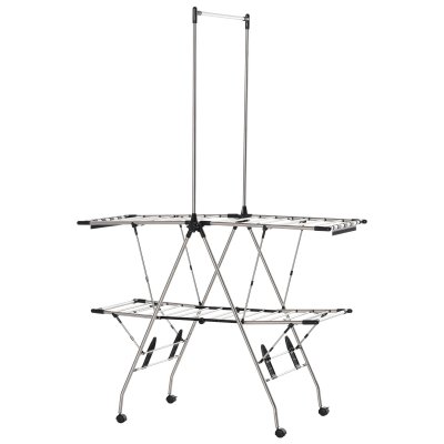 HOMCOM S&eacute;choir &agrave; linge &eacute;tendoir &agrave; v&ecirc;tements pliable r&eacute;glable acier inox. PP noir