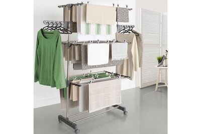 IDMARKET S&eacute;choir &agrave; linge inox MAXIMA gris &eacute;tendoir pliable H.145 CM + 30 accessoires