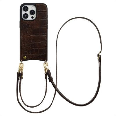 SELENCIA  Coque de t&eacute;lephone Nova Croco avec cordon et porte-cartes Apple iPhone 16 Pro - Choco Brown