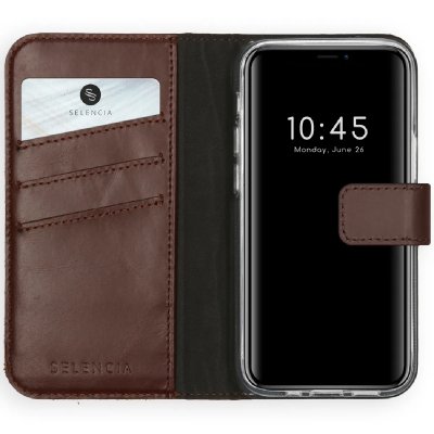 SELENCIA  &Eacute;tui portefeuille en cuir v&eacute;ritable Apple iPhone 12 Mini - Marron