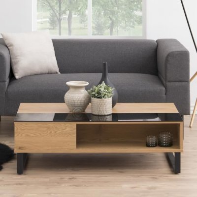 Selsey KOSTRENA - Table Basse relevable avec &eacute;l&eacute;ment en Verre tremp&eacute; ch&ecirc;ne/Noir 110x60 cm