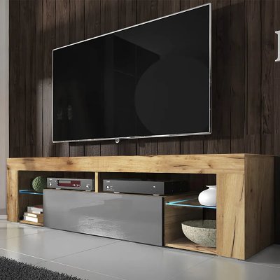 SELSEY  Meuble tv - BIANKO - 140 cm - ch&ecirc;ne lancaster / gris brillant - avec LED