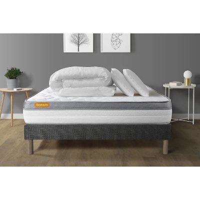 SEPTNUITS  - Pack lit complet Memo Zen gris - matelas + sommier + 2 oreillers + couette - 160x200 cm
