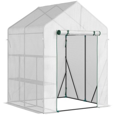 OUTSUNNY Serre de jardin 2 tablettes acier PE haute densit&eacute; transparent blanc