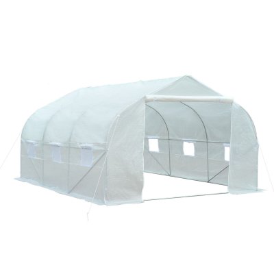 OUTSUNNY Serre tunnel de jardin grande taille porte + 6 fen&ecirc;tres acier galvanis&eacute; PE haute densit&eacute; blanc