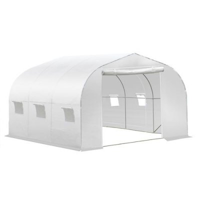 OUTSUNNY Serre tunnel jardin grande taille porte + 6 fen&ecirc;tres acier galvanis&eacute; PE haute densit&eacute; blanc
