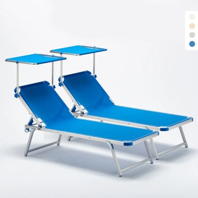 BEACH AND GARDEN DESIGN Set 2 Bains De Soleil En Aluminium Pour La Plage Avec Parasol R&eacute;glable Nettuno, Couleur: Bleu