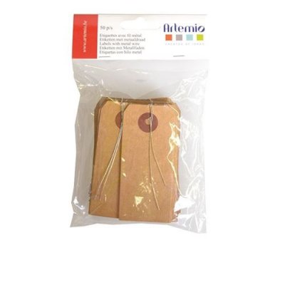 ARTEMIO Set de 50 &eacute;tiquettes en papier kraft avec fil en m&eacute;tal 4x9cm