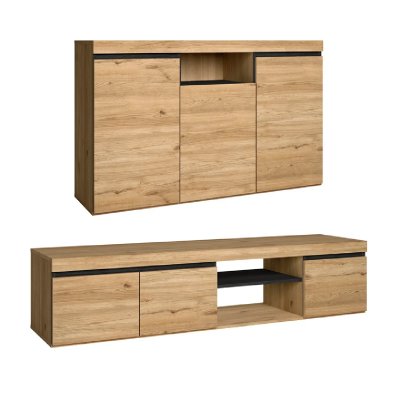 SKRAUT HOME Set Naturale salle &agrave; manger, meuble auxilier, buffet-meuble TV 160cm ch&ecirc;ne nordique noir