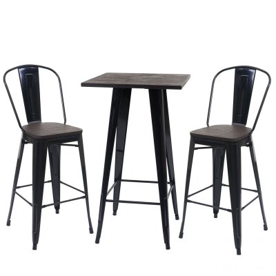 Set table mange-debout et 2x tabouret de bar MENDLER HWC-A73 design industriel m&eacute;tal noir