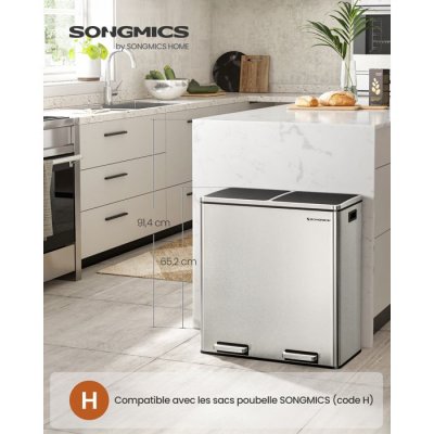 SONGMICS  Poubelle &agrave; Double Compartiment 2 x 30L, avec 15 Sacs Poubelles, P&eacute;dales en M&eacute;tal, Argent