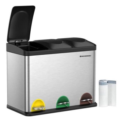 SONGMICS  Poubelle de cuisine 3 compartiments, Acier Inoxydable + Noir