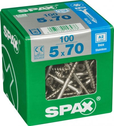  Spax - Lot de 100 vis inox t&ecirc;te frais&eacute;e torx Diam.5 mm x L.70 mm