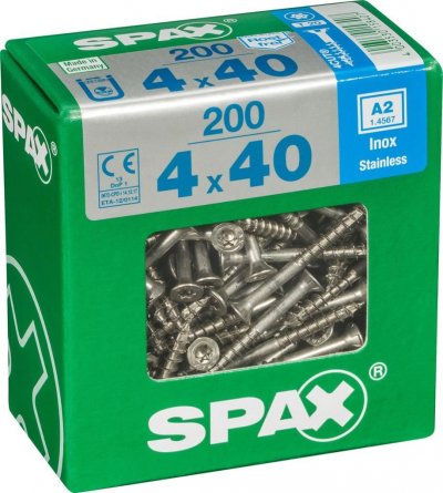 SPAX  - Lot de 200 vis inox t&ecirc;te frais&eacute;e torx Diam.4 mm x L.40 mm