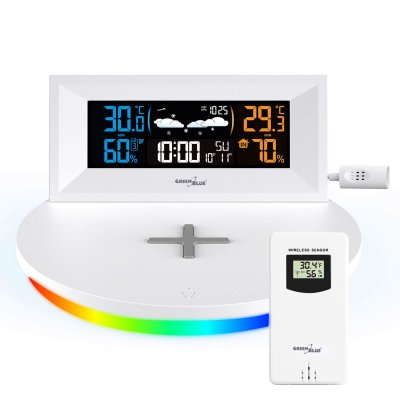  Station m&eacute;t&eacute;o sans fil - Green Blue - GB213 - Chargeur Qi - &Eacute;cran LCD - R&eacute;veil snooze