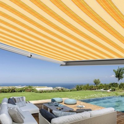 COTE STORE Store banne coffre int&eacute;gral 4 x 3,5 m motoris&eacute; et manuel ext&eacute;rieur pour terrasse - Jaune ray&eacute;