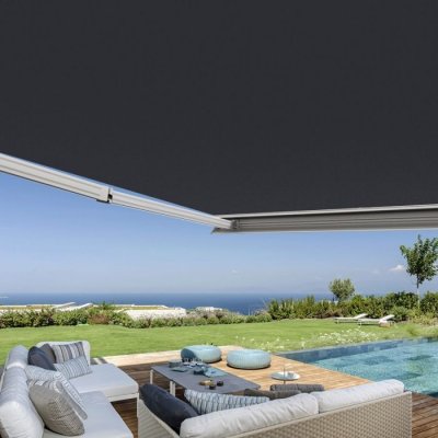 COTE STORE Store banne coffre int&eacute;gral 5 x 3,5 m motoris&eacute; et manuel ext&eacute;rieur pour terrasse - Gris anthracite