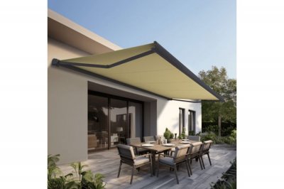 OMBRAZUR Store banne Coffre PROTECT 2 Gris 6x3.5m Motoris&eacute; - Toile Ecrue