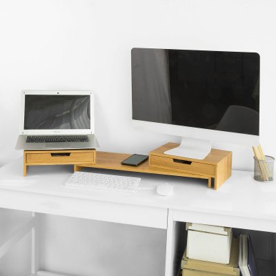 SOBUY Support de moniteur en bambou effet ch&ecirc;ne