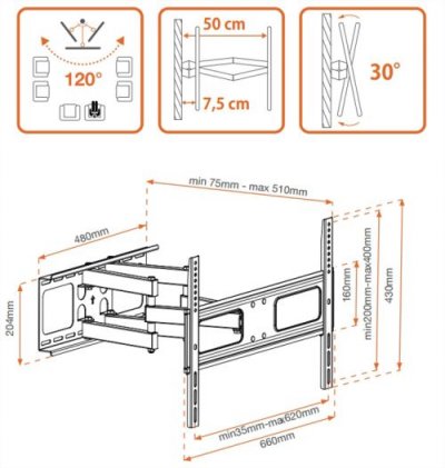 METRONIC Support tv inclinable, d&eacute;pliable et orientable pour tv 140 &agrave; 178 cm