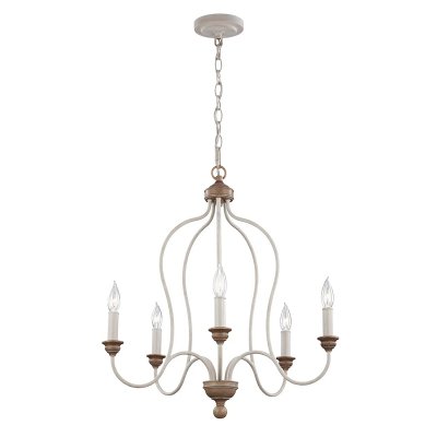 FEISS Suspension Hartsville, craie lav&eacute;e et imitation bois, 5 &eacute;clairages