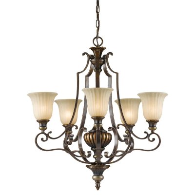 FEISS Suspension Kelham, haut, bronze dor&eacute; et verre Scavo, 5 ampoules