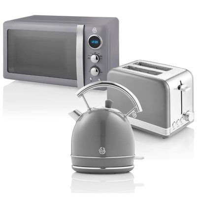 SWAN  Retro STRP2070GRNEU Set petit-d&eacute;jeuner Bouilloire + Grille-pain + Micro-ondes 800W Gris