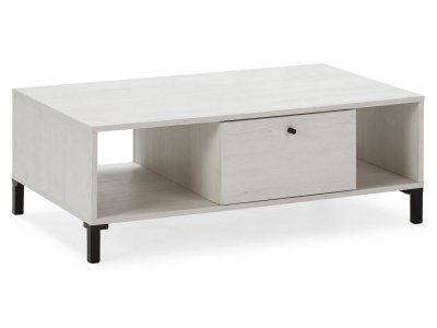 Table basse 1 tiroir 2 niches, couleur blanc et bois, 100 cm longueur