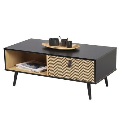 Table basse 1 tiroir et 1 niche 100x50x40 cm naturel et noir