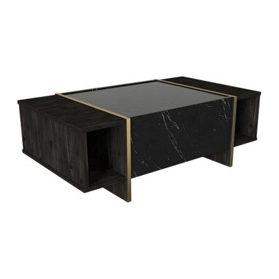 Table basse avec 1 porte et 2 niches - Effet marbre noir, naturel fonc&eacute; et dor&eacute; - CADEBA II