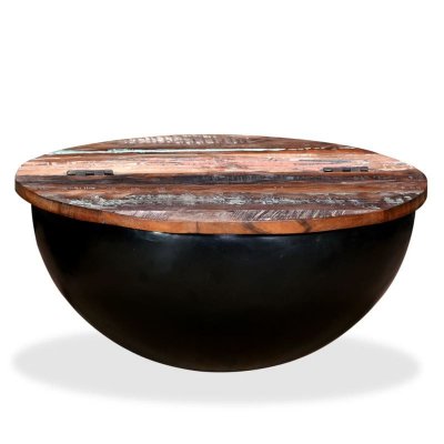 Table basse bois de r&eacute;cup&eacute;ration massif noir forme de bol