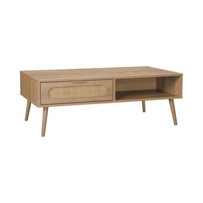 Table basse cannage arrondi, d&eacute;cor bois