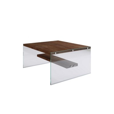 Table basse carr&eacute;e 1 &eacute;tag&egrave;re en bois de pin et sa structure en verre