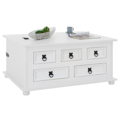 Table basse coffre en pin TEQUILA style mexicain, avec 5 tiroirs, lasur&eacute; blanc